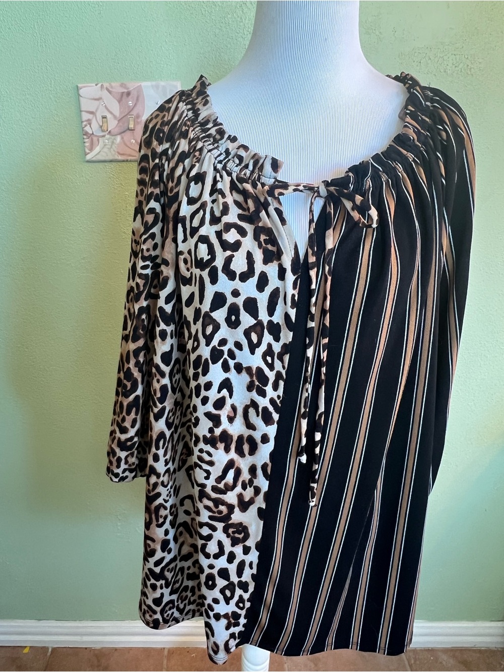 Cato Women’s Mixed Animal-Print & Stripe Peasant Top - Black/Tan